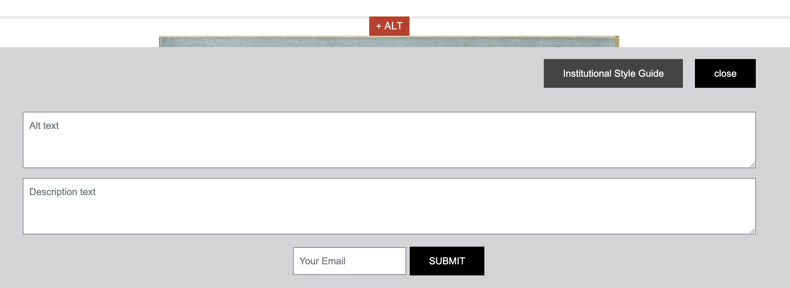 a screenshot of the alternator submission for with fields for alt text, description text, and the user email address.